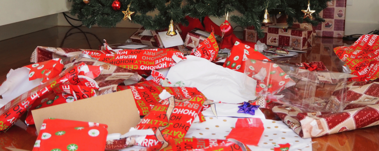 wrapping paper under christmas tree